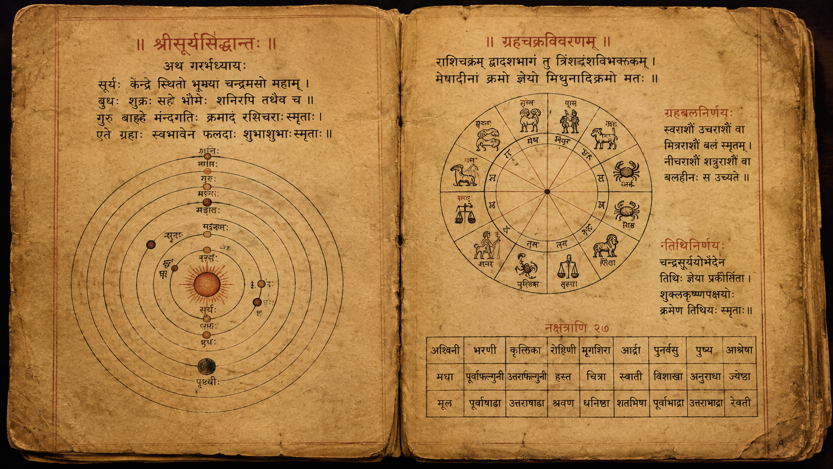 Ancient Sanskrit manuscript pages with astronomical diagrams