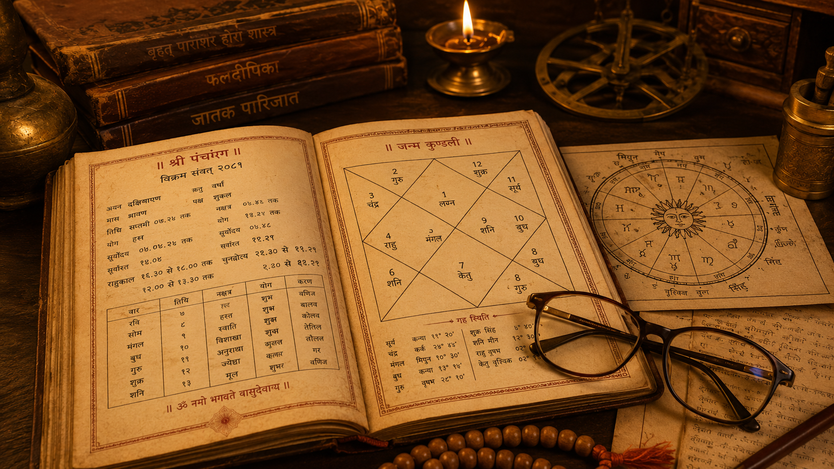 An astrologer's desk with an open almanac, charts, and reading glasses