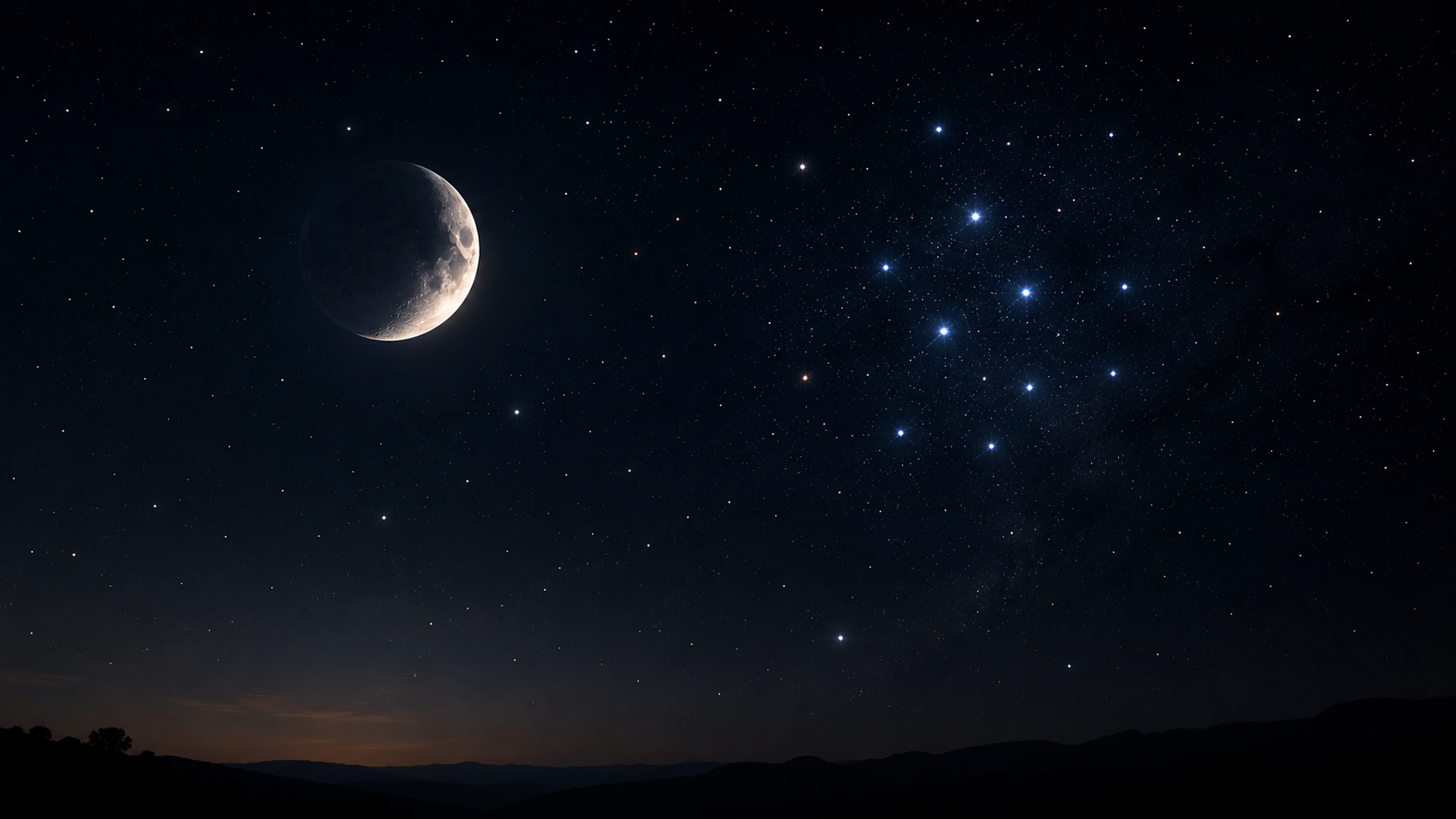 Night sky showing the moon near a cluster of stars